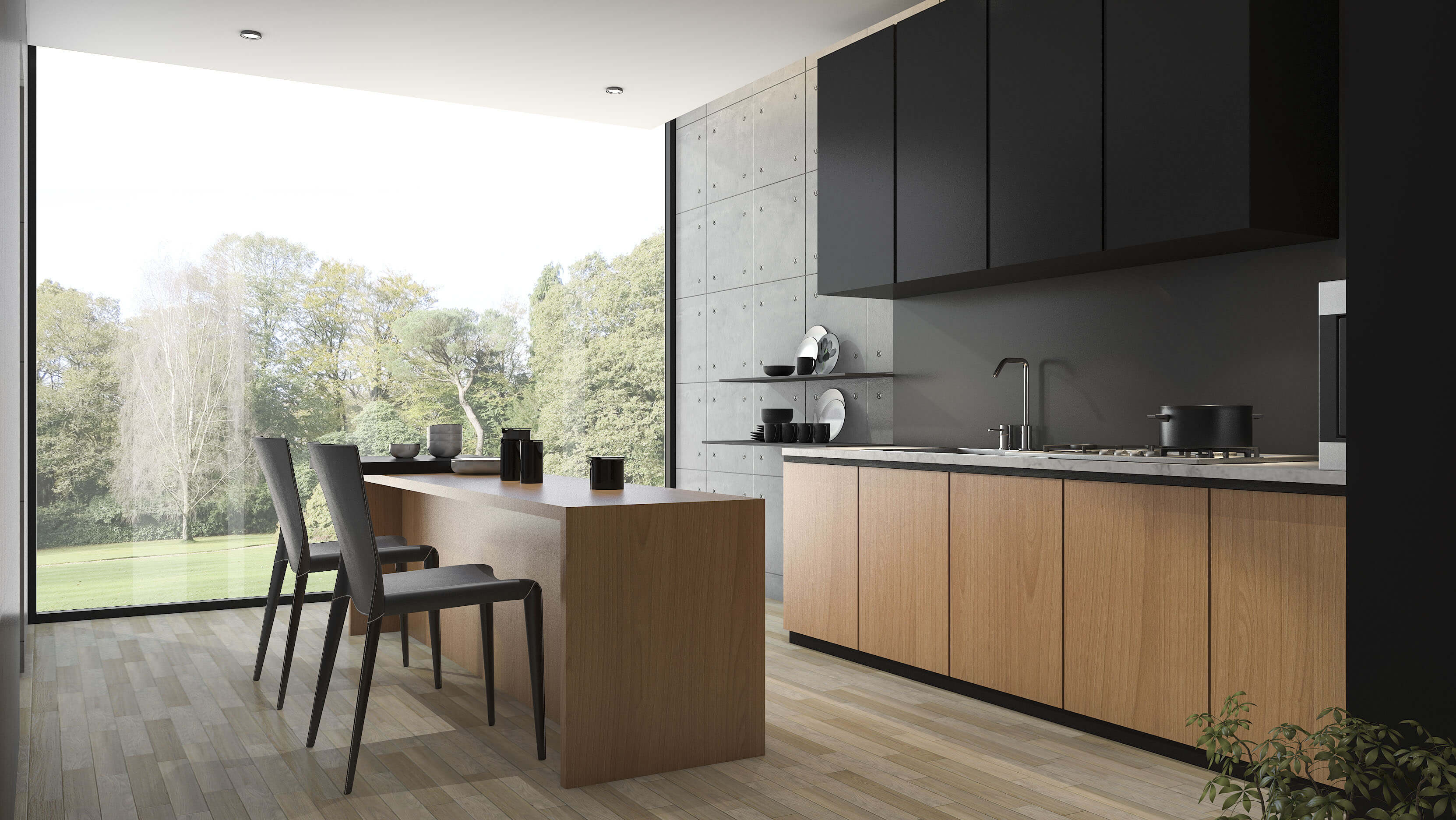 Modern minimalist kitchen with breakfast bar and floating shelves